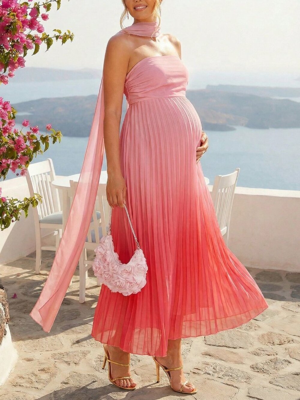 Pink Elegant Gradient ombre Pleated Strapless Women's Maternity Party Dress